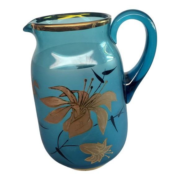 Aqua Blue Blown Glass Pitcher Gold Floral Applied Handle MCM